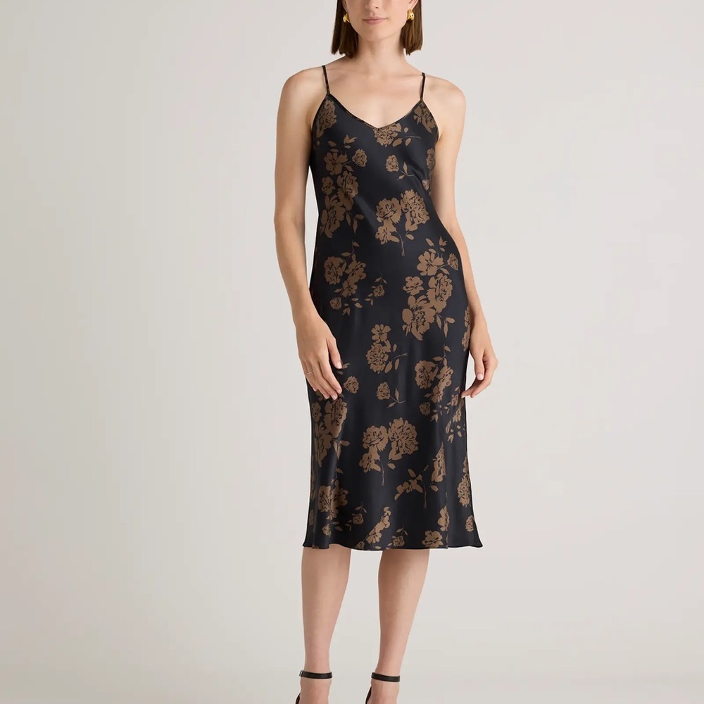 Quince Black Slip Midi Dress with Brown Floral Print
